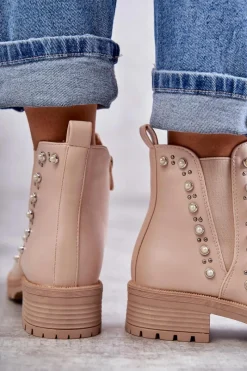 Discount Boto Skórzane Botki Workery Beżowe Ferra