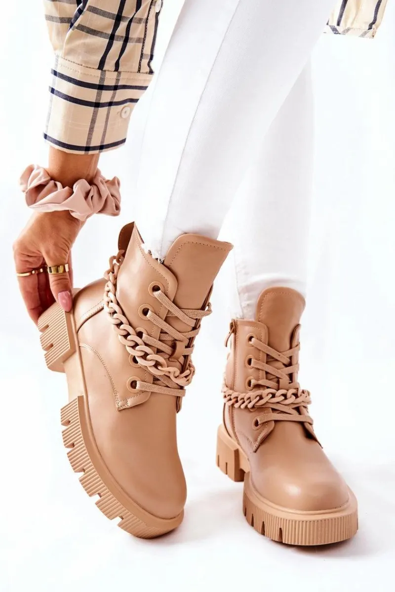 New Boto Skórzane Botki Workery Beżowe Izzy