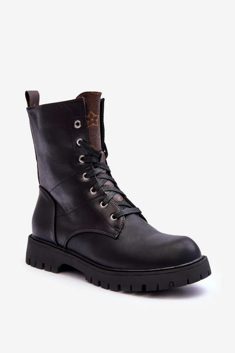 Best Skórzane Botki Workery Czarne Lonevis Damskie Botki Sznurowane|Czarne Botki