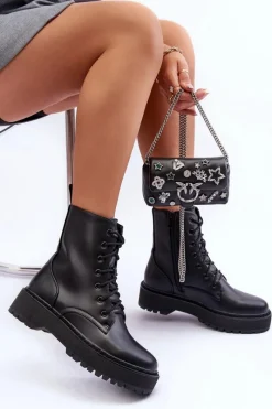 Hot Skórzane Botki Workery Czarne Teflorna Damskie Botki Sznurowane|Brązowe I Beżowe Botki