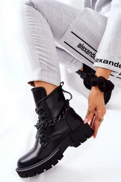Skórzane Botki Workery Czarne Izzy Damskie Damskie Trapery|Botki Sznurowane