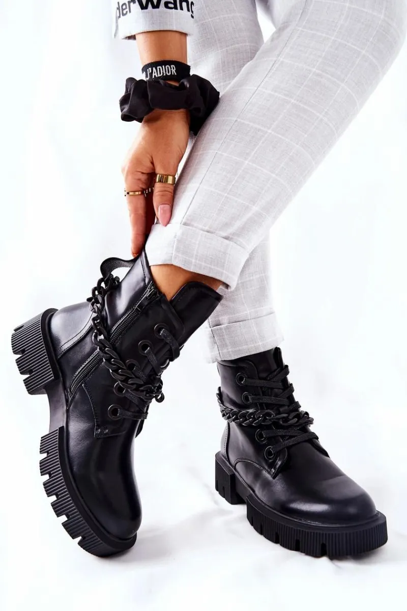 Skórzane Botki Workery Czarne Izzy Damskie Damskie Trapery|Botki Sznurowane