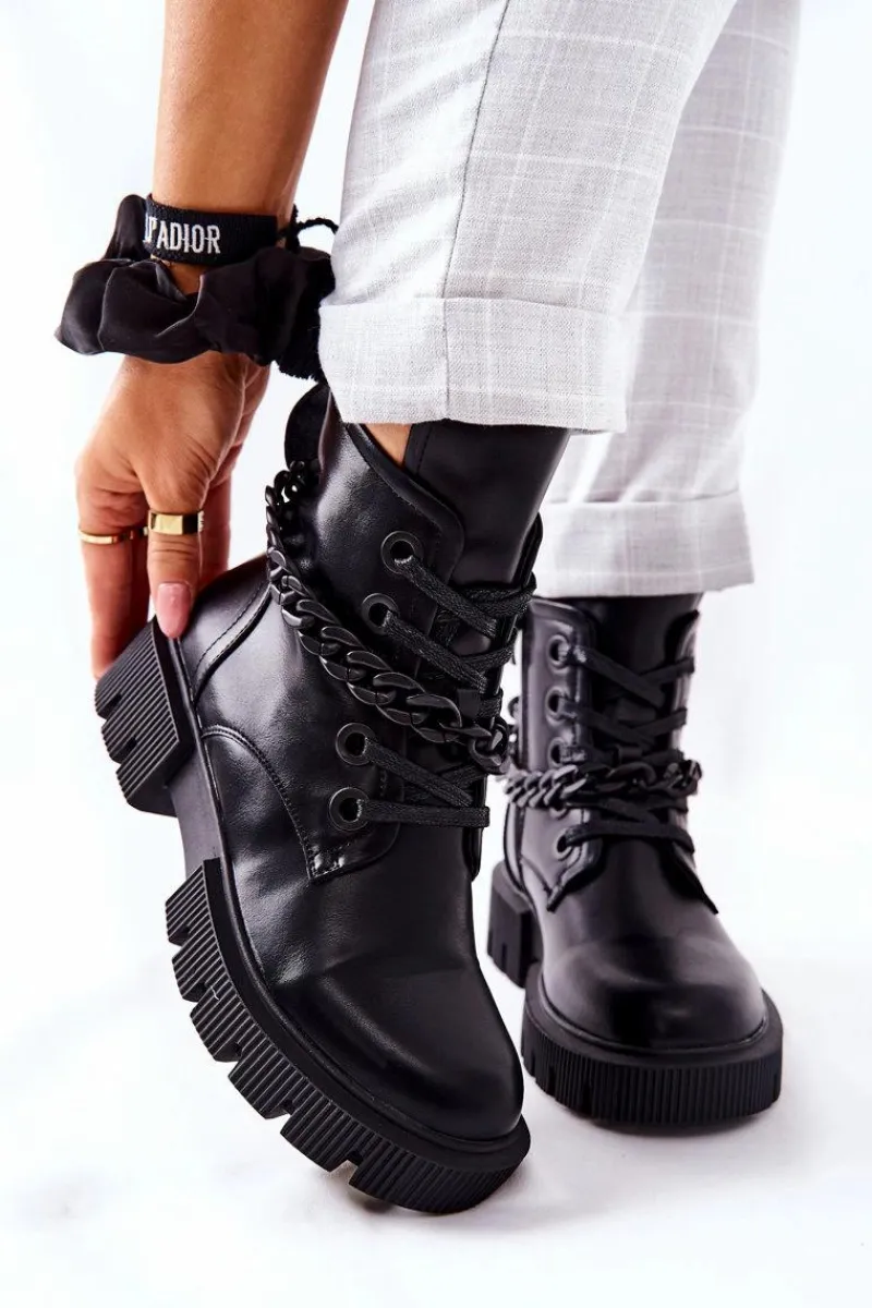 Skórzane Botki Workery Czarne Izzy Damskie Damskie Trapery|Botki Sznurowane