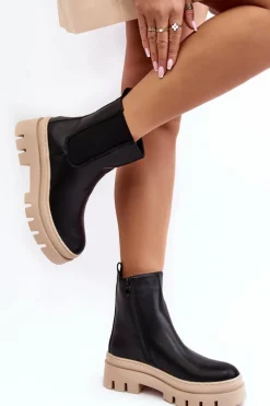 New Skórzane Botki Workery Czarno-Beżowe Loretta Damskie Brązowe I Beżowe Botki|Botki Płaskie