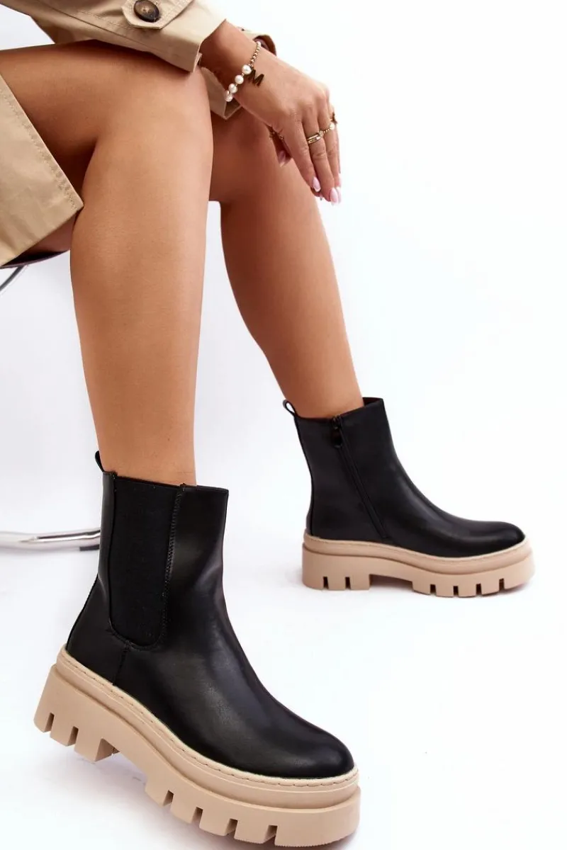 New Skórzane Botki Workery Czarno-Beżowe Loretta Damskie Brązowe I Beżowe Botki|Botki Płaskie