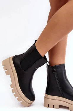 New Skórzane Botki Workery Czarno-Beżowe Loretta Damskie Brązowe I Beżowe Botki|Botki Płaskie