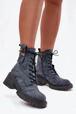 Best Skórzane Botki Workery Damskie Na Klocku Z Ozdobnym Detalem 57C0212 e Damskie Botki Ocieplane|Botki Skórzane