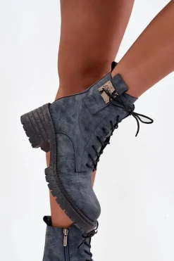 Best Skórzane Botki Workery Damskie Na Klocku Z Ozdobnym Detalem 57C0212 e Damskie Botki Ocieplane|Botki Skórzane