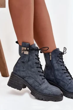 Best Skórzane Botki Workery Damskie Na Klocku Z Ozdobnym Detalem 57C0212 e Damskie Botki Ocieplane|Botki Skórzane