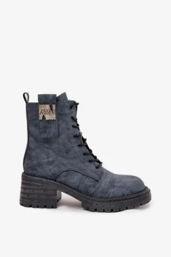 Best Skórzane Botki Workery Damskie Na Klocku Z Ozdobnym Detalem 57C0212 e Damskie Botki Ocieplane|Botki Skórzane