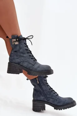 Best Skórzane Botki Workery Damskie Na Klocku Z Ozdobnym Detalem 57C0212 e Damskie Botki Ocieplane|Botki Skórzane