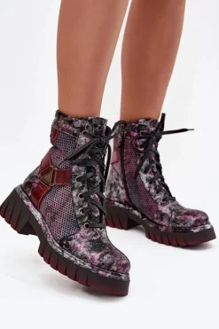 Outlet Skórzane Botki Workery Damskie 07072-23 Bordowe Damskie Botki Maciejka|Botki Sznurowane