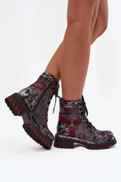 Outlet Skórzane Botki Workery Damskie 07072-23 Bordowe Damskie Botki Maciejka|Botki Sznurowane