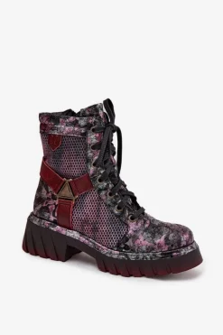 Outlet Skórzane Botki Workery Damskie 07072-23 Bordowe Damskie Botki Maciejka|Botki Sznurowane