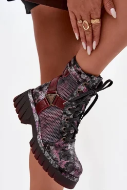 Outlet Skórzane Botki Workery Damskie 07072-23 Bordowe Damskie Botki Maciejka|Botki Sznurowane