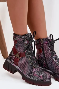 Outlet Skórzane Botki Workery Damskie 07072-23 Bordowe Damskie Botki Maciejka|Botki Sznurowane