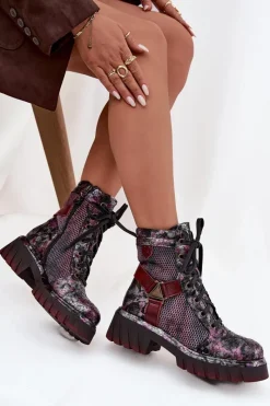 Outlet Skórzane Botki Workery Damskie 07072-23 Bordowe Damskie Botki Maciejka|Botki Sznurowane