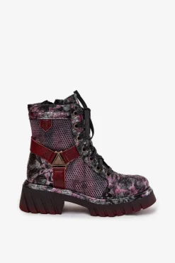 Outlet Skórzane Botki Workery Damskie 07072-23 Bordowe Damskie Botki Maciejka|Botki Sznurowane
