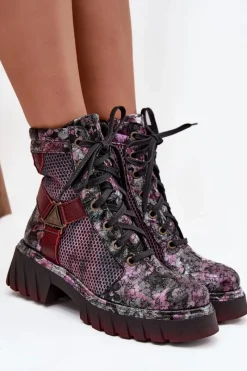 Outlet Skórzane Botki Workery Damskie 07072-23 Bordowe Damskie Botki Maciejka|Botki Sznurowane