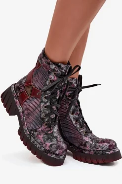 Outlet Skórzane Botki Workery Damskie 07072-23 Bordowe Damskie Botki Maciejka|Botki Sznurowane