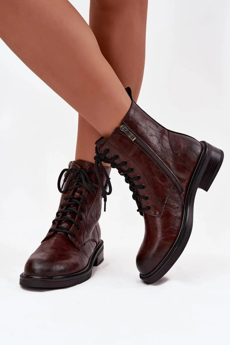 Online Maciejka Skórzane Botki Workery Damskie Z Ozdobnym Detalem K7180-01 Brązowe Brązowy