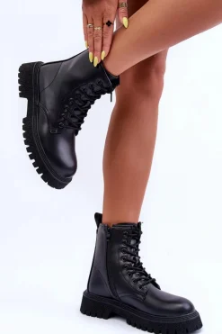 Hot Boto Skórzane Botki Workery Damskie Czarne Poonah