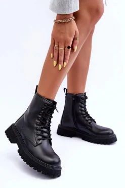Hot Boto Skórzane Botki Workery Damskie Czarne Poonah