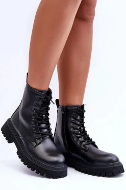 Hot Boto Skórzane Botki Workery Damskie Czarne Poonah