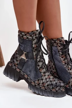 Clearance Skórzane Botki Workery Damskie 07072-03 Multikolor Damskie Botki Ocieplane|Botki Maciejka