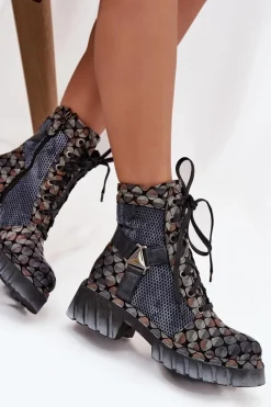 Clearance Skórzane Botki Workery Damskie 07072-03 Multikolor Damskie Botki Ocieplane|Botki Maciejka