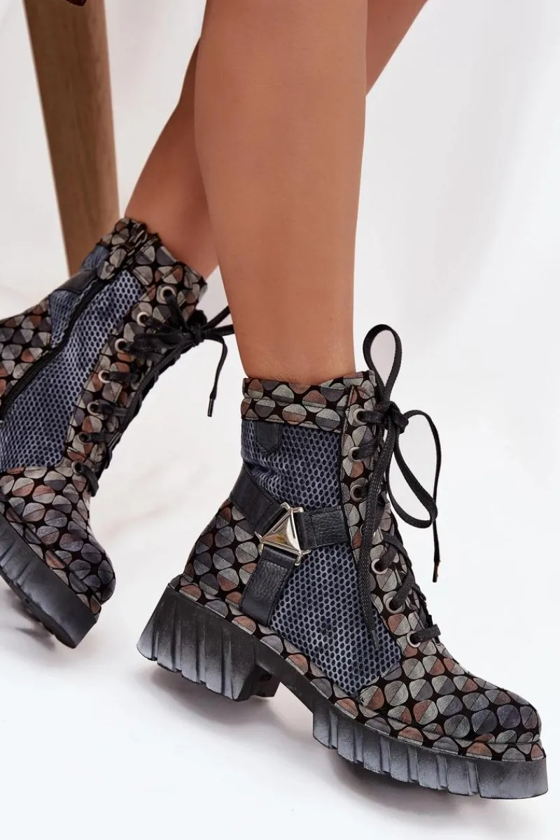 Clearance Skórzane Botki Workery Damskie 07072-03 Multikolor Damskie Botki Ocieplane|Botki Maciejka