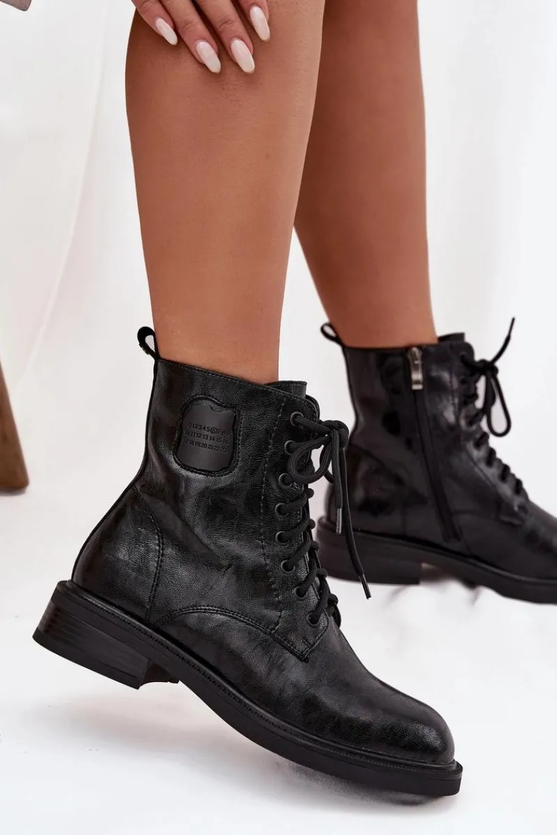 Botki Maciejka|Botki Sznurowane>Maciejka Skórzane Botki Workery Damskie Z Ozdobnym Detalem K7180-01 Czarne Czarny