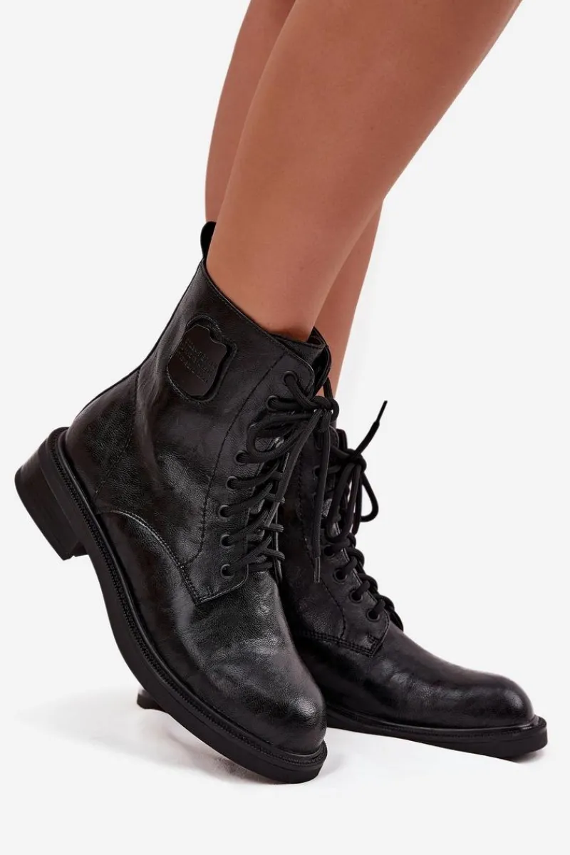 Botki Maciejka|Botki Sznurowane>Maciejka Skórzane Botki Workery Damskie Z Ozdobnym Detalem K7180-01 Czarne Czarny