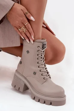 Outlet Skórzane Botki Workery Damskie Na Klocku Z Przypinkami 57C0181 Beżowe Damskie Botki Ocieplane|Botki Skórzane