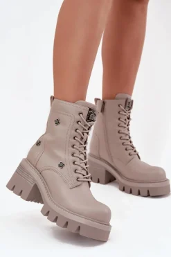 Outlet Skórzane Botki Workery Damskie Na Klocku Z Przypinkami 57C0181 Beżowe Damskie Botki Ocieplane|Botki Skórzane