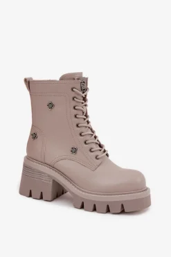 Outlet Skórzane Botki Workery Damskie Na Klocku Z Przypinkami 57C0181 Beżowe Damskie Botki Ocieplane|Botki Skórzane