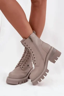 Outlet Skórzane Botki Workery Damskie Na Klocku Z Przypinkami 57C0181 Beżowe Damskie Botki Ocieplane|Botki Skórzane