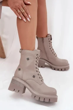 Outlet Skórzane Botki Workery Damskie Na Klocku Z Przypinkami 57C0181 Beżowe Damskie Botki Ocieplane|Botki Skórzane