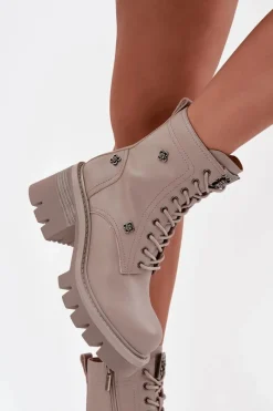 Outlet Skórzane Botki Workery Damskie Na Klocku Z Przypinkami 57C0181 Beżowe Damskie Botki Ocieplane|Botki Skórzane