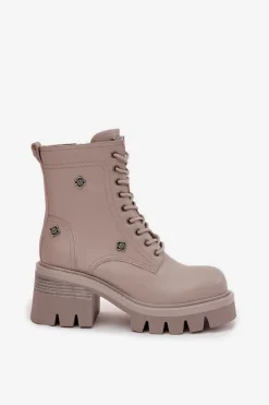 Outlet Skórzane Botki Workery Damskie Na Klocku Z Przypinkami 57C0181 Beżowe Damskie Botki Ocieplane|Botki Skórzane