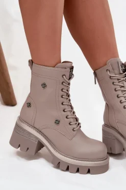 Outlet Skórzane Botki Workery Damskie Na Klocku Z Przypinkami 57C0181 Beżowe Damskie Botki Ocieplane|Botki Skórzane
