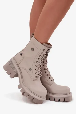 Outlet Skórzane Botki Workery Damskie Na Klocku Z Przypinkami 57C0181 Beżowe Damskie Botki Ocieplane|Botki Skórzane