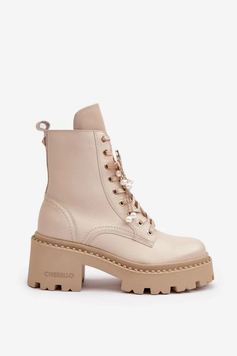Botki Ocieplane|Damskie Trapery>CheBello Skórzane Botki Workery Damskie Z Motylem Beżowe 4590