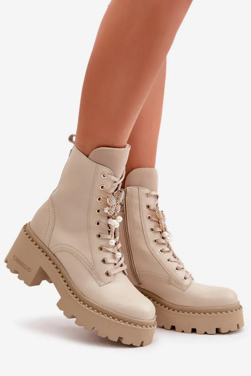 Botki Ocieplane|Damskie Trapery>CheBello Skórzane Botki Workery Damskie Z Motylem Beżowe 4590
