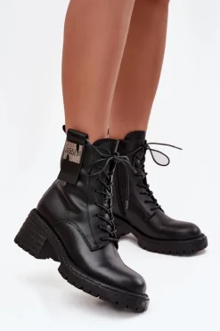 Outlet Artiker Skórzane Botki Workery Damskie Na Klocku Z Ozdobnym Detalem 57C0214 Czarne Czarny