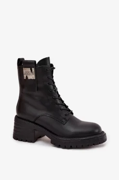 Outlet Artiker Skórzane Botki Workery Damskie Na Klocku Z Ozdobnym Detalem 57C0214 Czarne Czarny