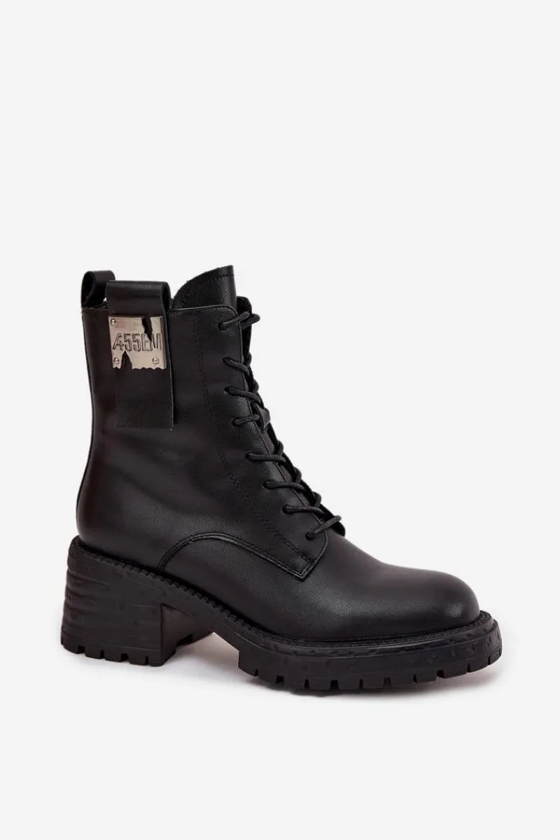 Outlet Artiker Skórzane Botki Workery Damskie Na Klocku Z Ozdobnym Detalem 57C0214 Czarne Czarny