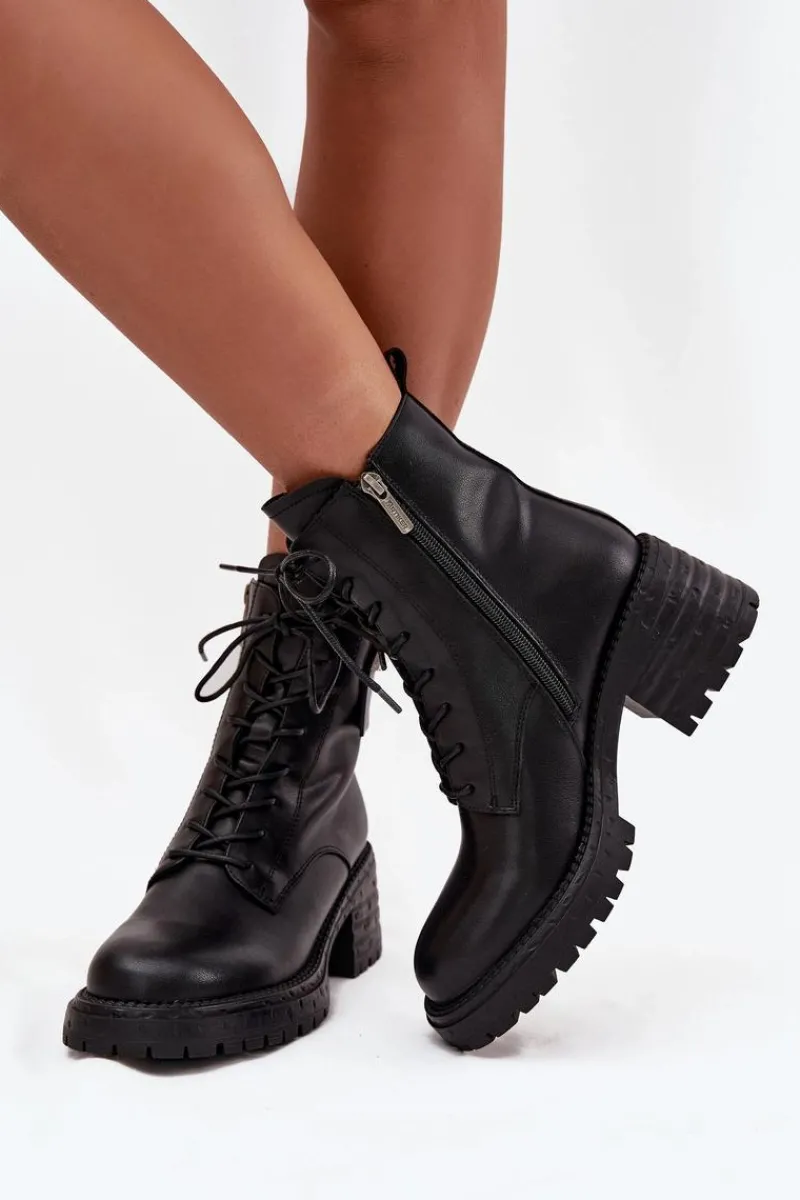 Outlet Artiker Skórzane Botki Workery Damskie Na Klocku Z Ozdobnym Detalem 57C0214 Czarne Czarny