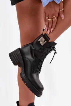 Outlet Artiker Skórzane Botki Workery Damskie Na Klocku Z Ozdobnym Detalem 57C0214 Czarne Czarny