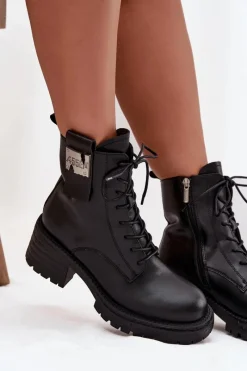 Outlet Artiker Skórzane Botki Workery Damskie Na Klocku Z Ozdobnym Detalem 57C0214 Czarne Czarny